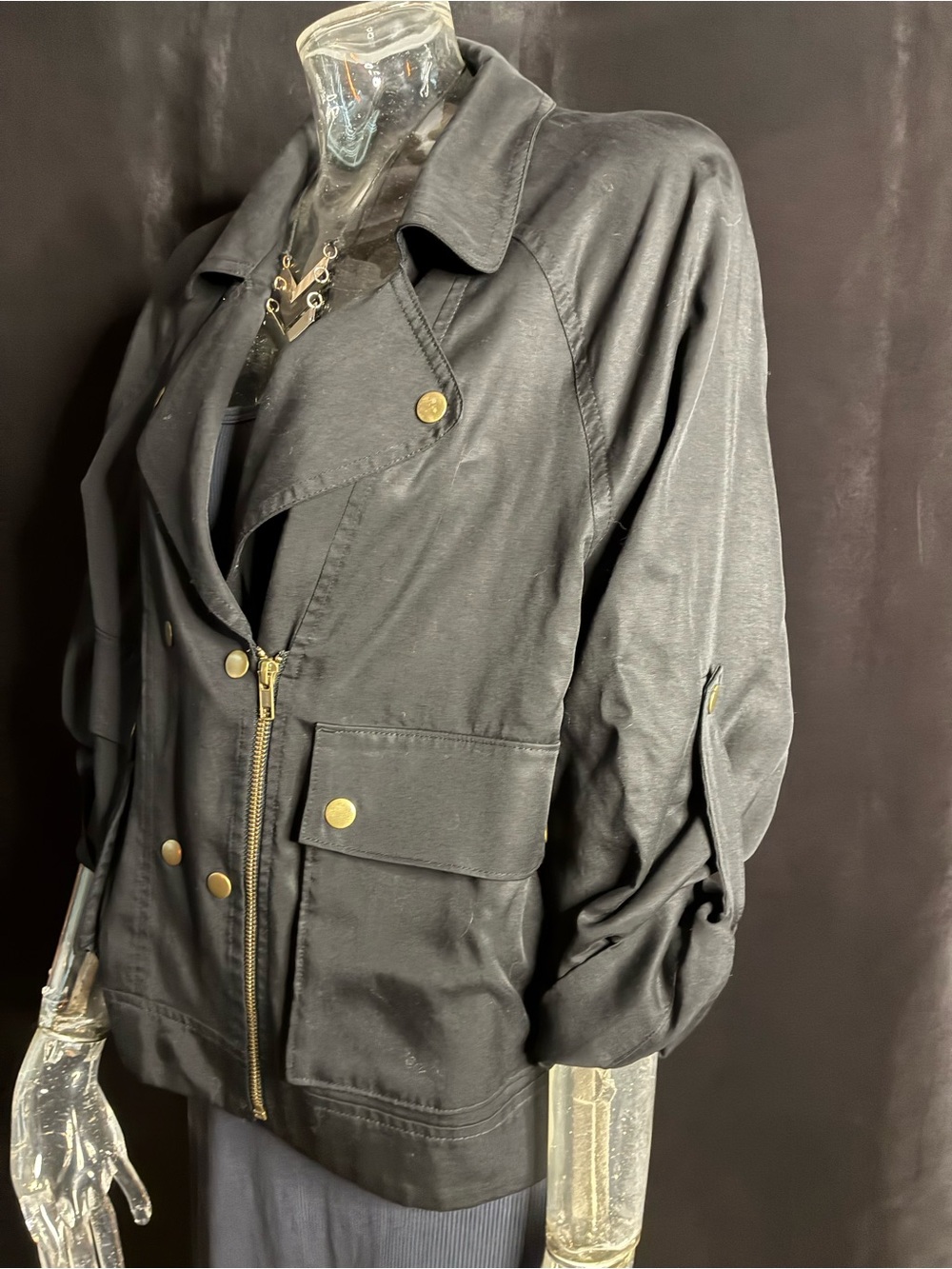 LOFT Black Lightweight Double-Breasted Jacket with Gold Buttons - Picture 4 of 8